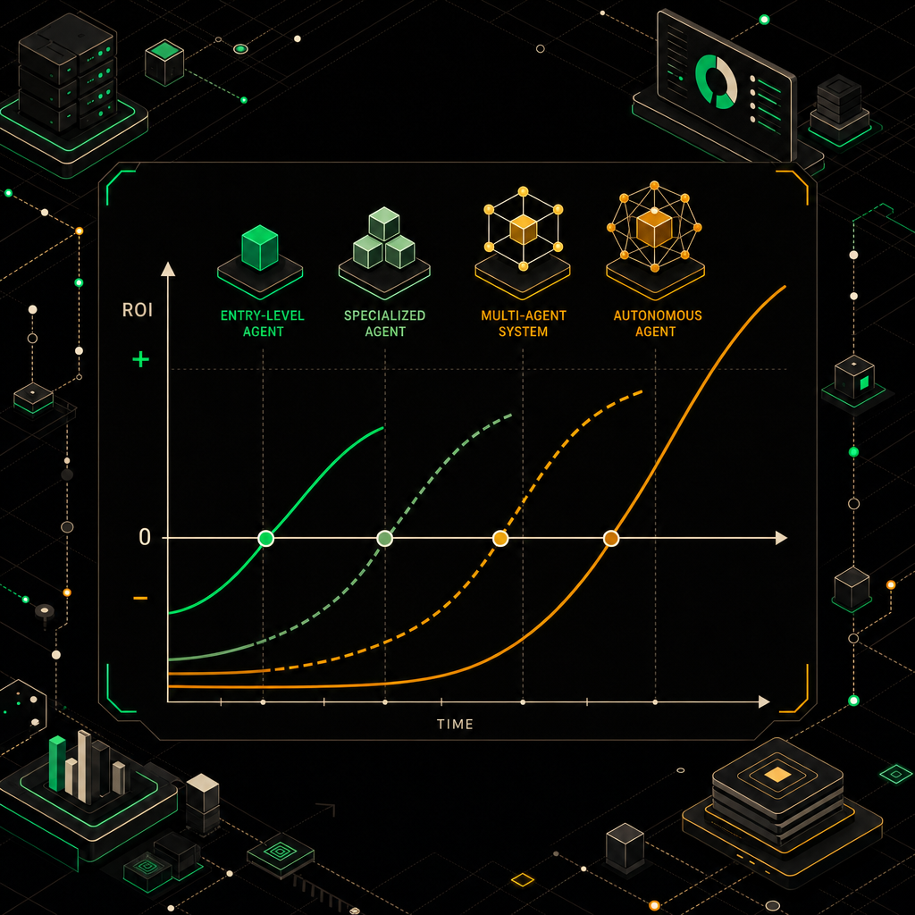 Bar chart comparing time-to-ROI across simple, moderate, and complex AI agent complexity classes