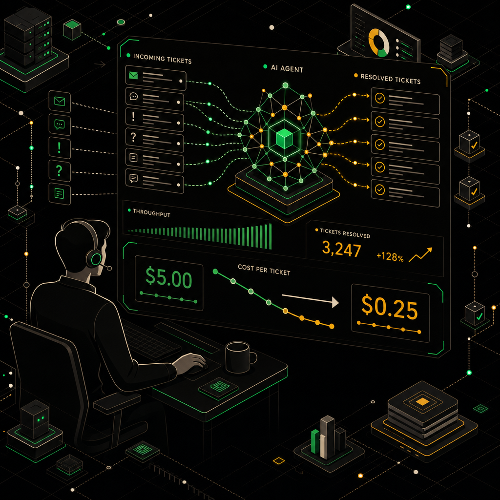 Line graph showing AI support agent ticket resolution rate and cost-per-ticket declining over 90 days