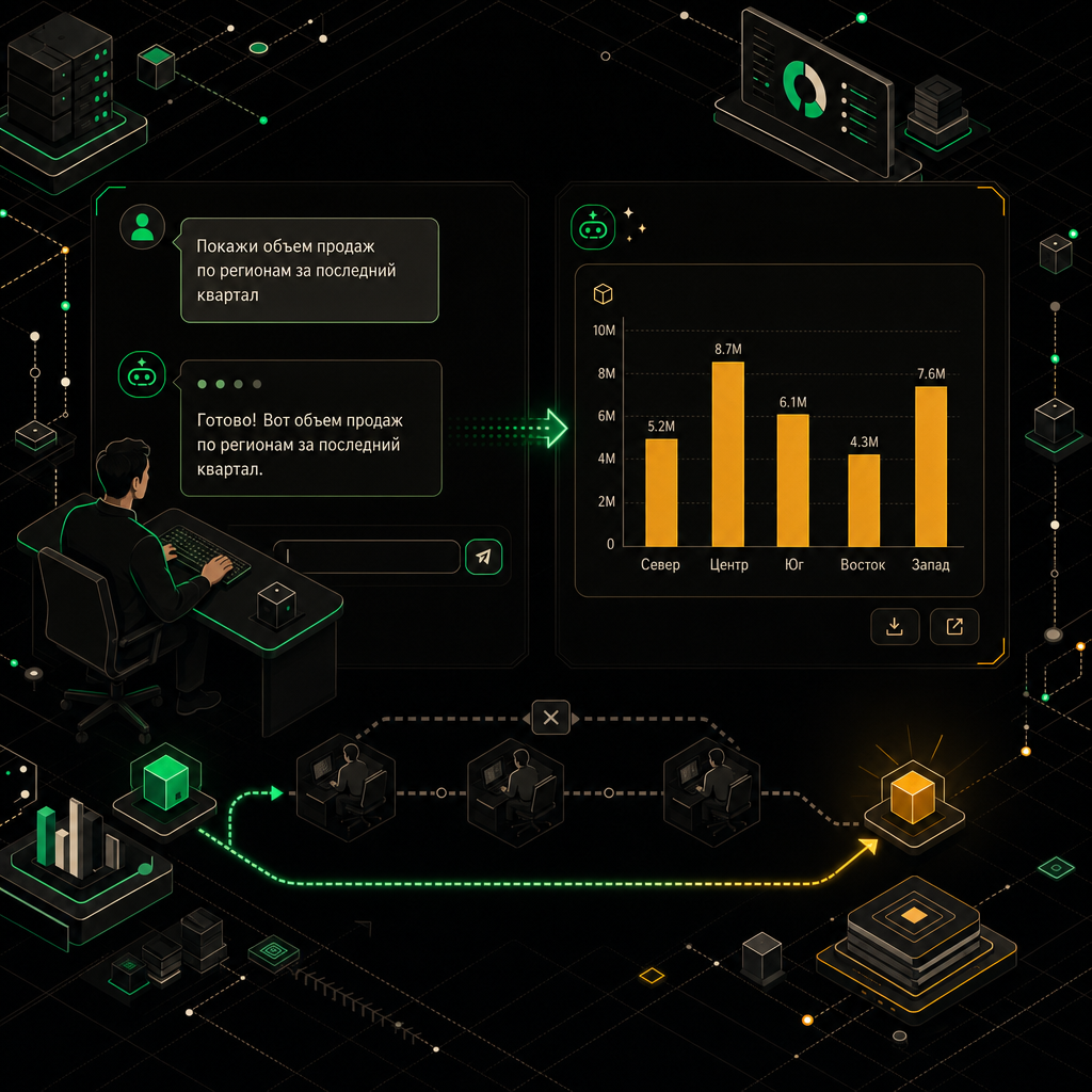 Employee typing a natural language question into a chat interface and receiving an instant data visualization chart as the response