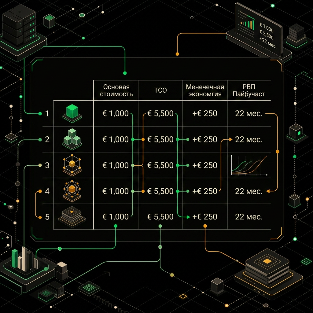 ROI calculator table listing five AI agent types with columns for implementation cost, monthly savings, and payback period in months