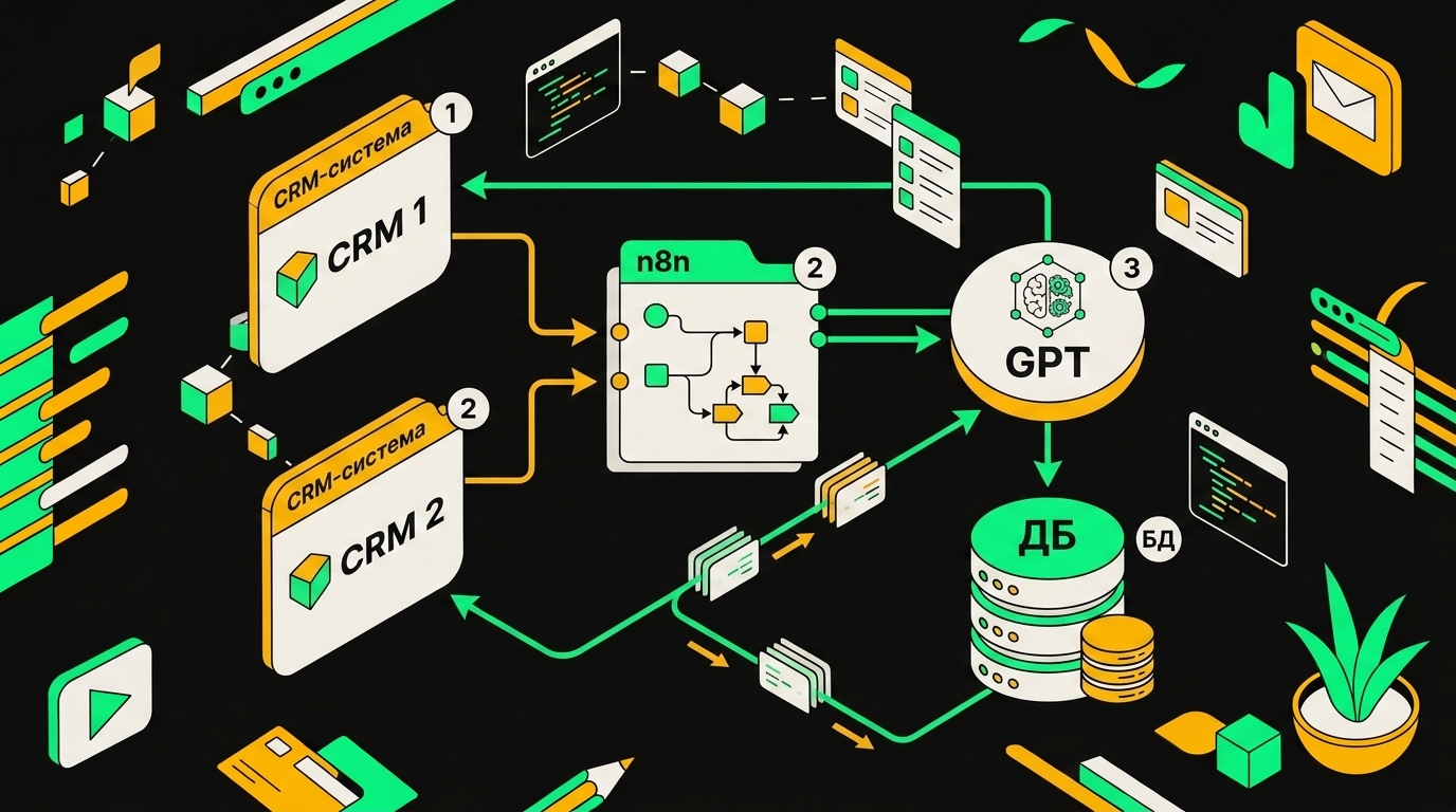 Архитектурная схема потока данных между двумя CRM-системами через n8n и GPT