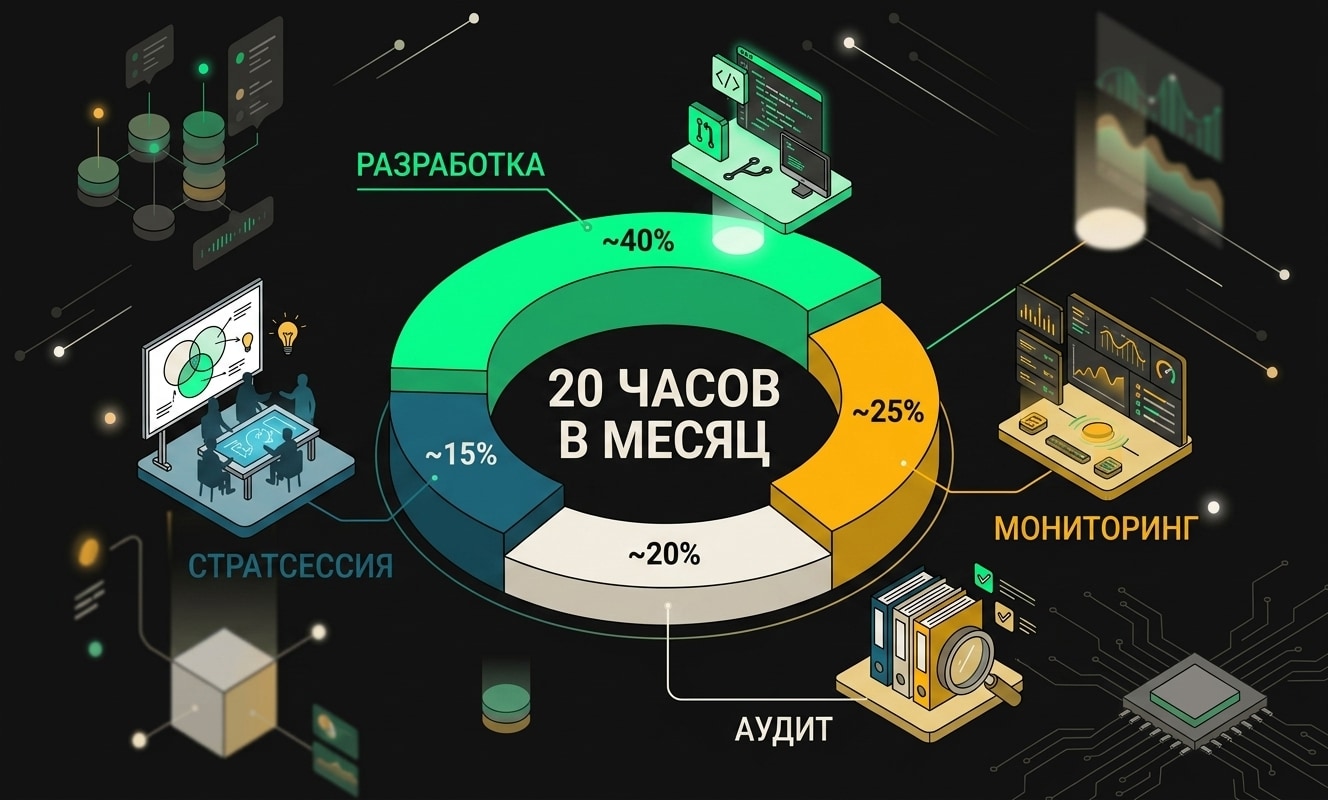 Разбивка 20 часов ежемесячной подписки по типам задач: контент, правки, аналитика, созвоны