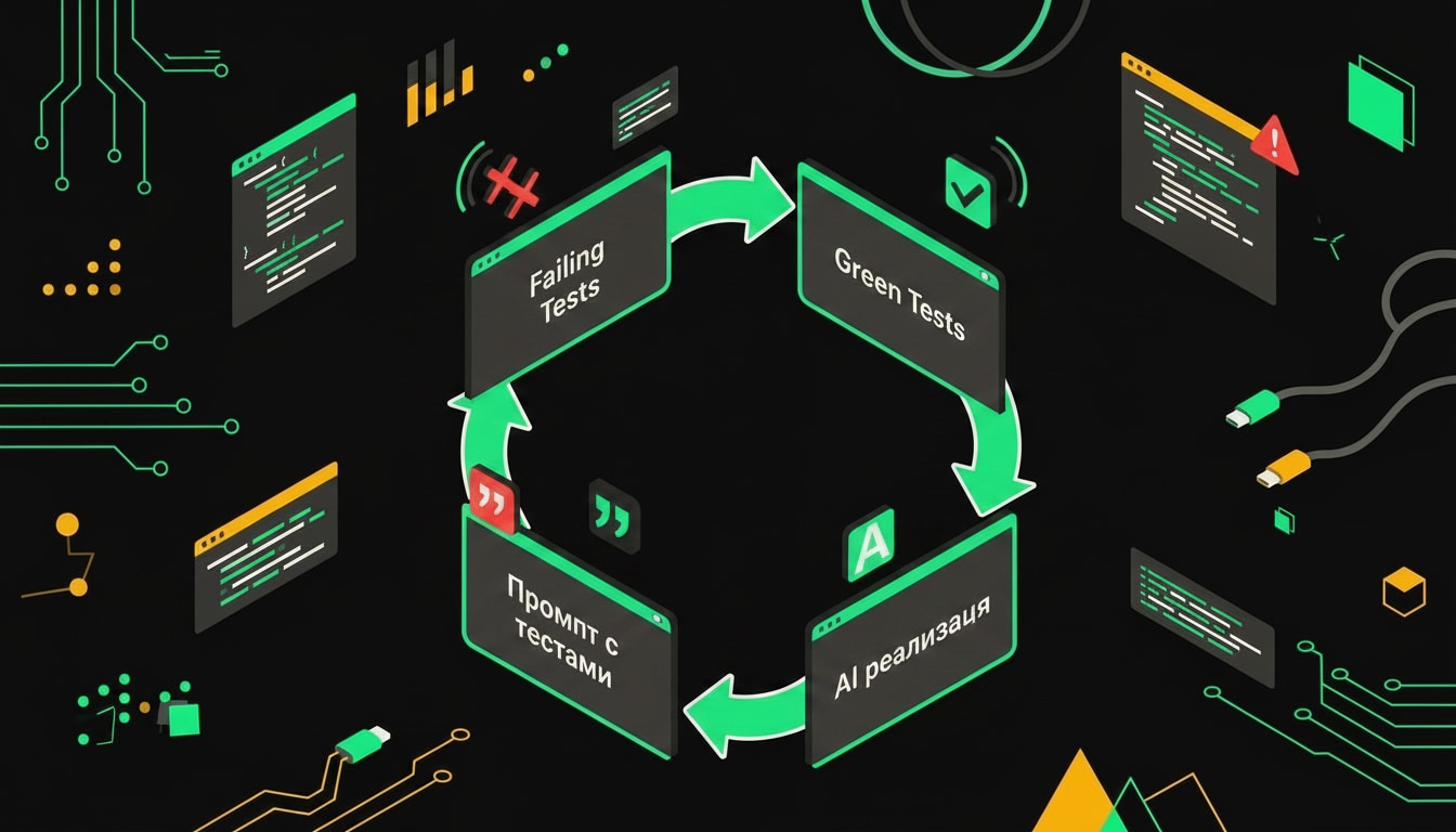TDD workflow diagram showing the cycle from failing tests to AI prompt to green tests