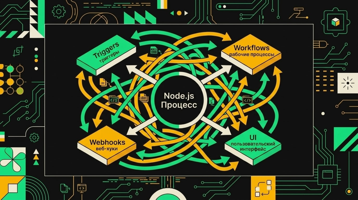 Диаграмма единственного экземпляра n8n с конкуренцией за event loop при параллельных воркфлоу