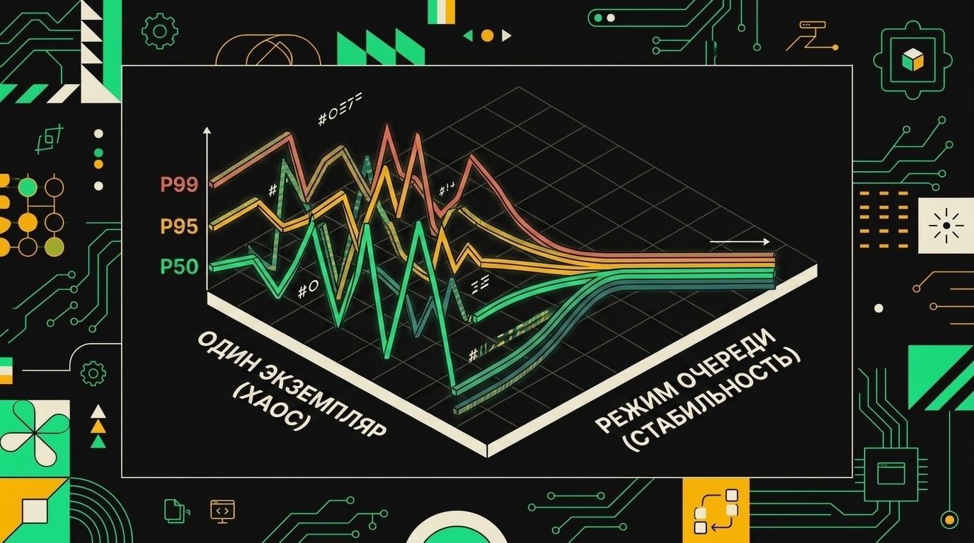 График сравнения перцентилей латентности P50 P95 P99 для одиночного инстанса и queue mode n8n