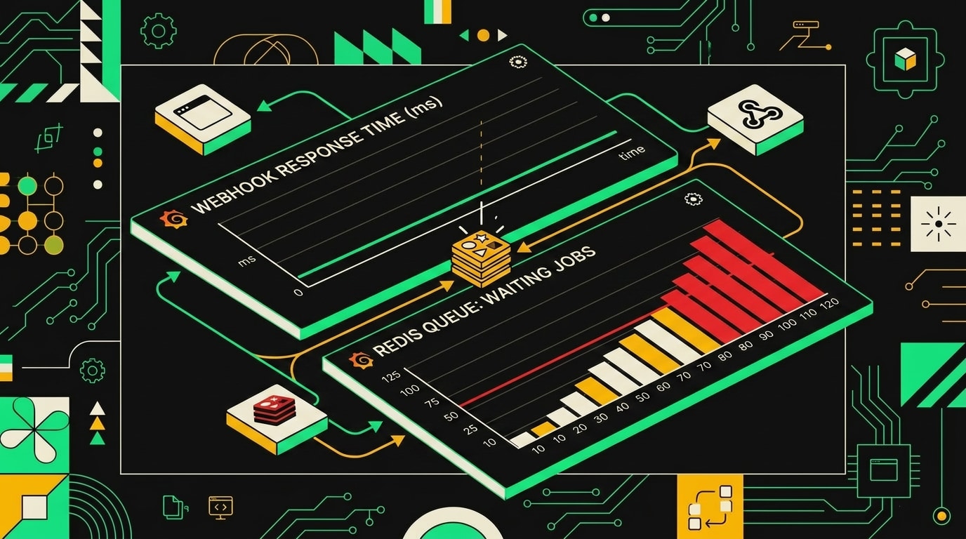 Grafana-дашборд с метриками глубины очереди n8n, количества ожидающих задач и активных воркеров