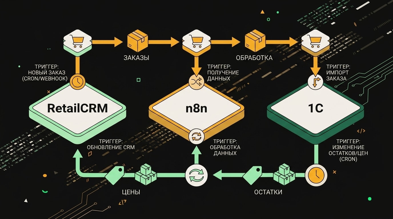 Двунаправленная схема потоков данных между RetailCRM и 1С через n8n с указанием направления каждого события