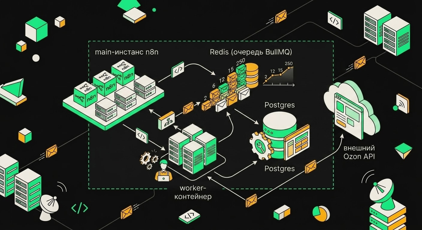 Схема архитектуры n8n с воркерами и очередью до инцидента: один Redis, три воркера без лимитов памяти