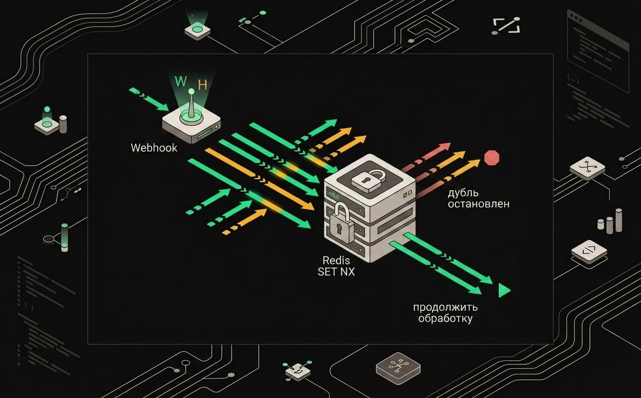 Схема работы Redis SET NX с TTL для блокировки дублирующихся вебхуков
