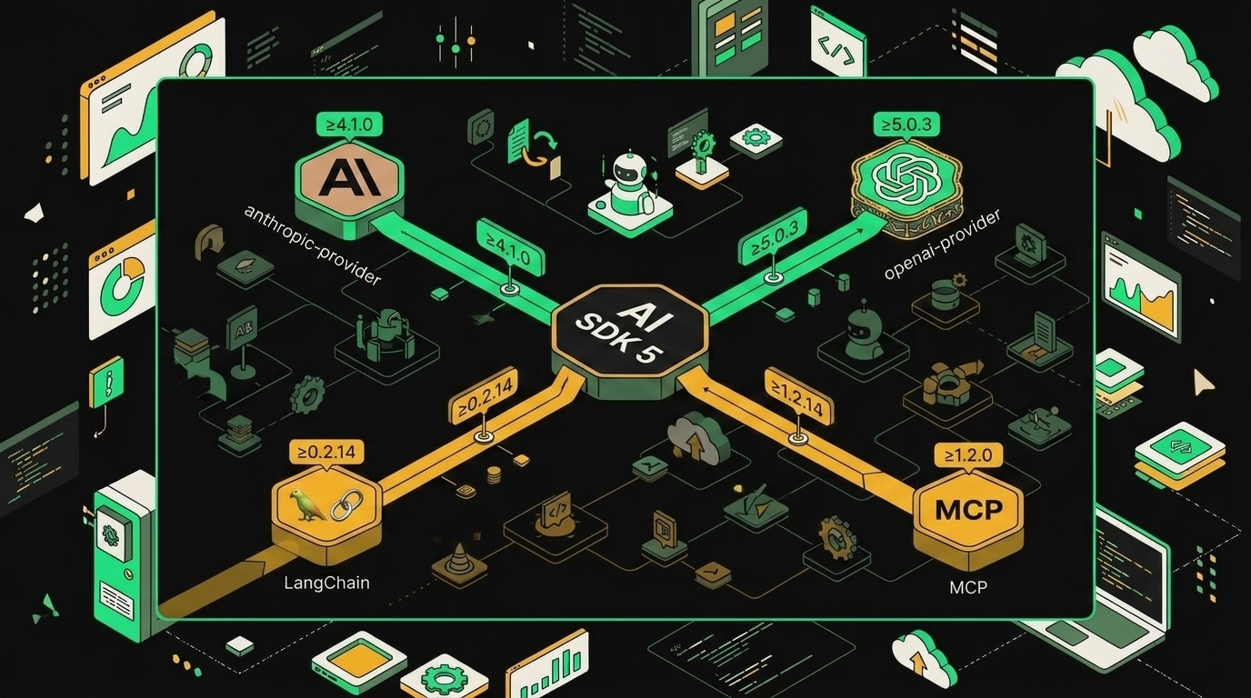 Граф зависимостей провайдеров AI SDK 5: ядро, адаптеры OpenAI, Anthropic, Google