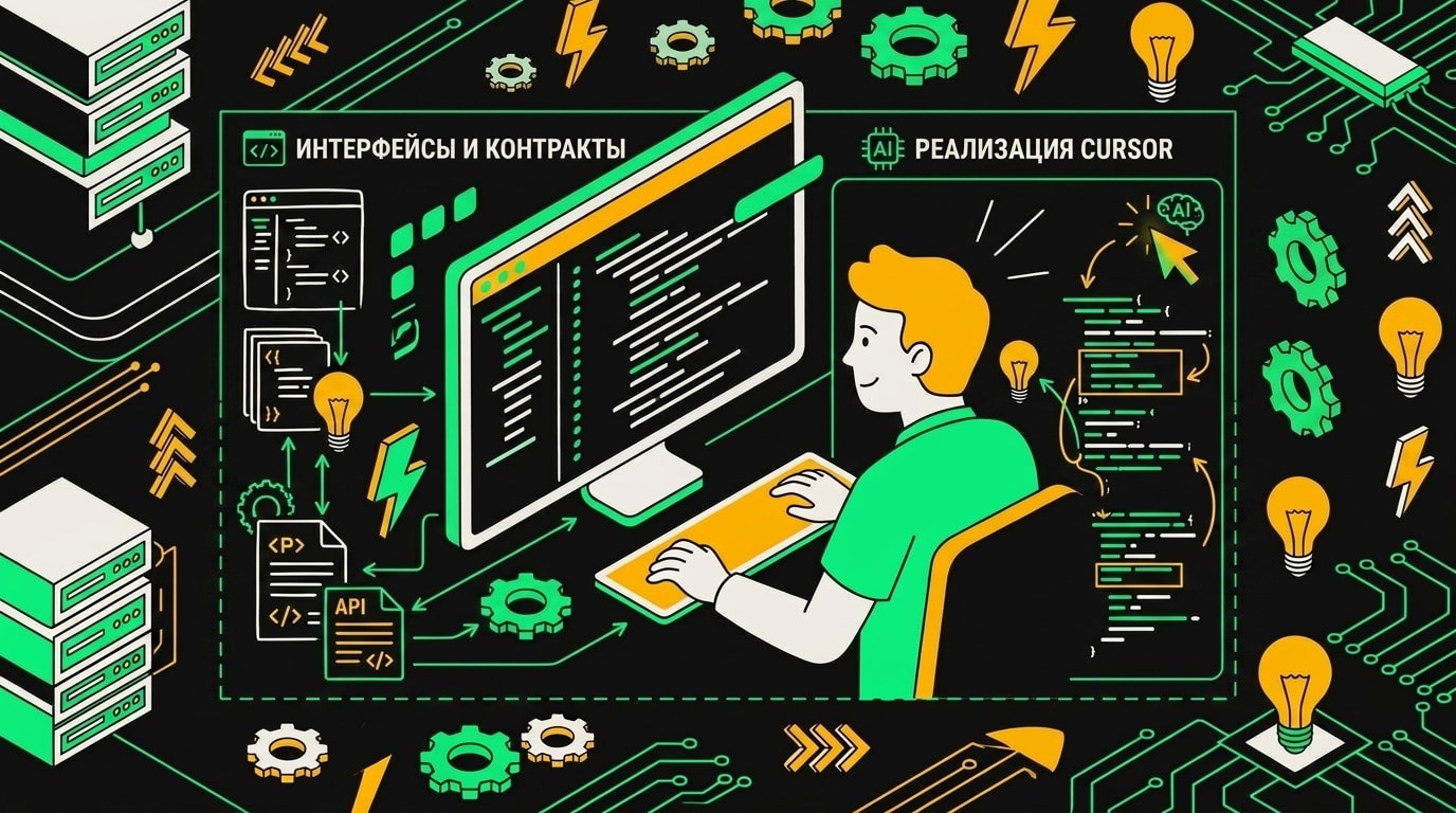 Разделённый экран: интерфейсы написаны вручную слева, Cursor заполняет реализацию справа
